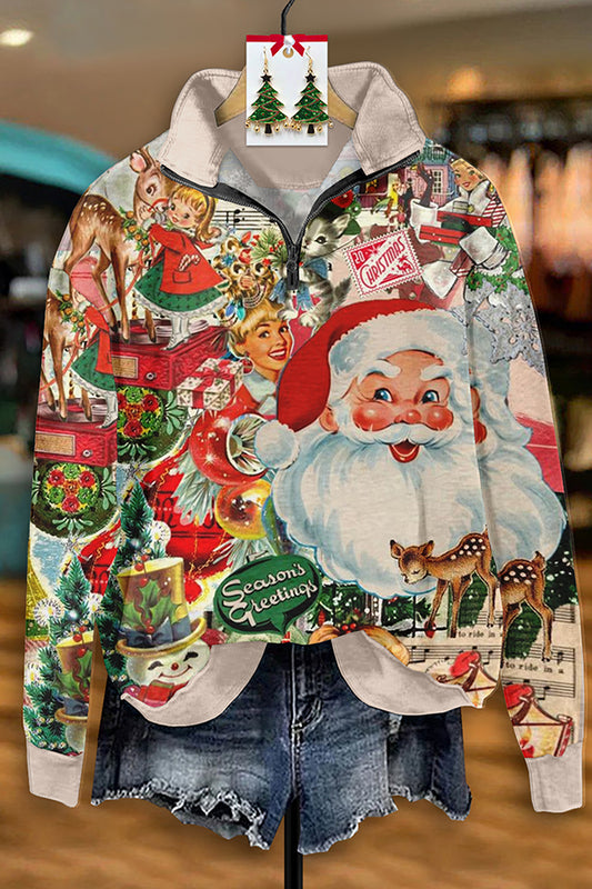 Vintage Santa Print Zip-Up Sweatshirt