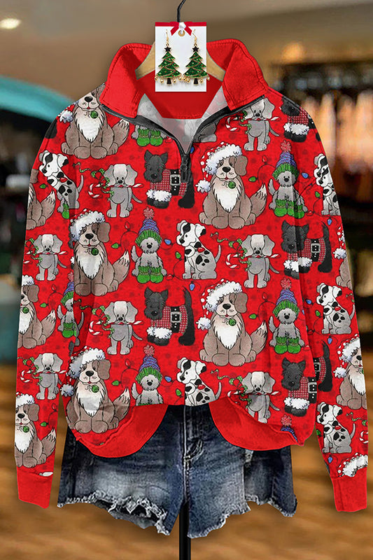 Vintage Christmas Dog Print Zip-Up Sweatshirt