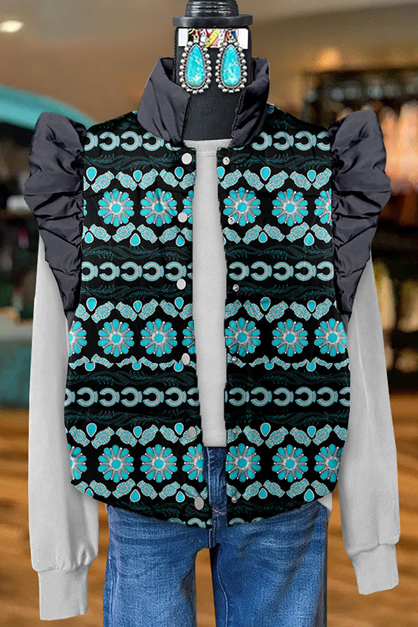 Vintage Western Turquoise Print Ruffle Sleeve Vest