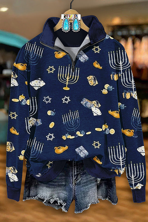 Vintage Hanukkah Menorah Print Sweatshirt