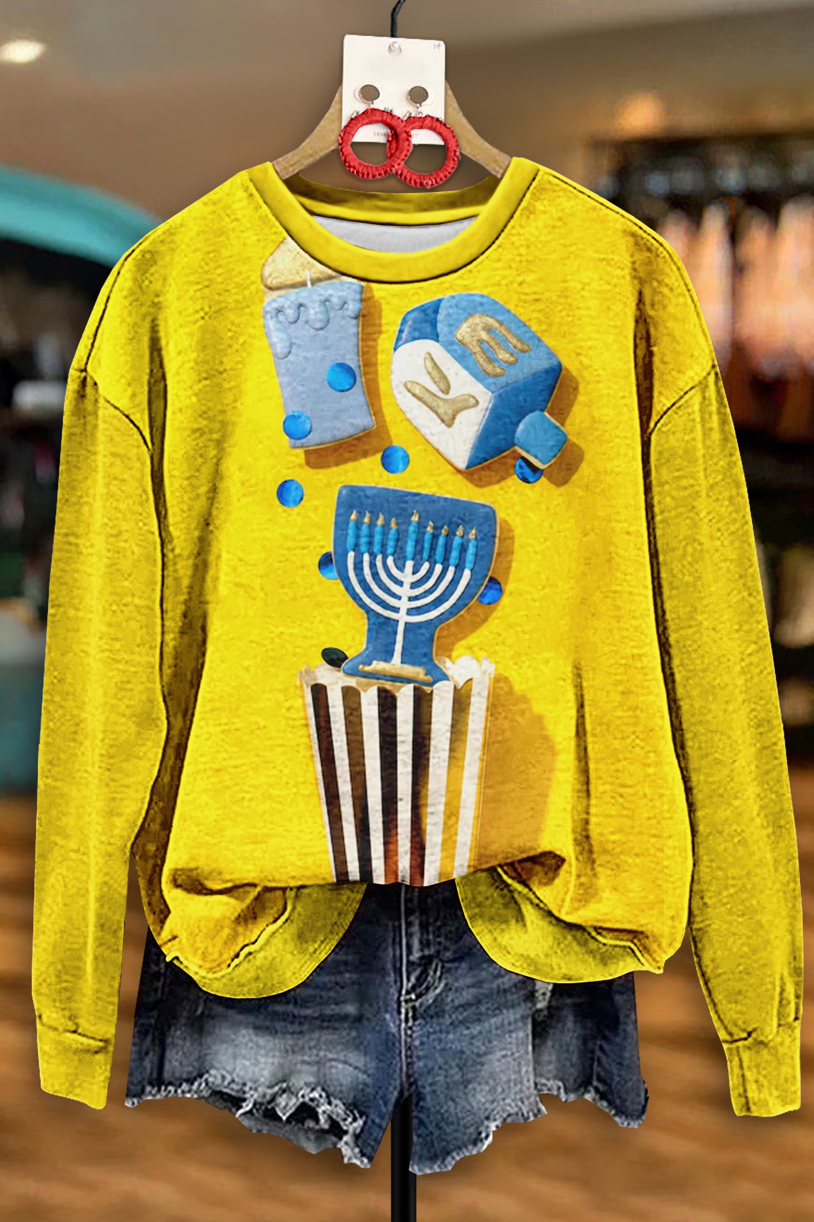 Vintage Hanukkah Menorah Print Sweatshirt