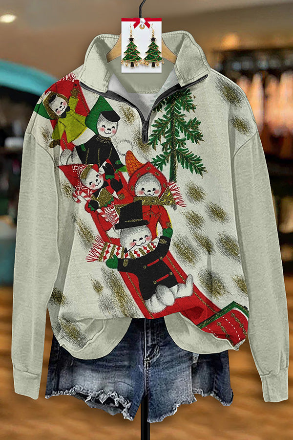 Retro Christmas Snowman Print Zipper Sweatshirt