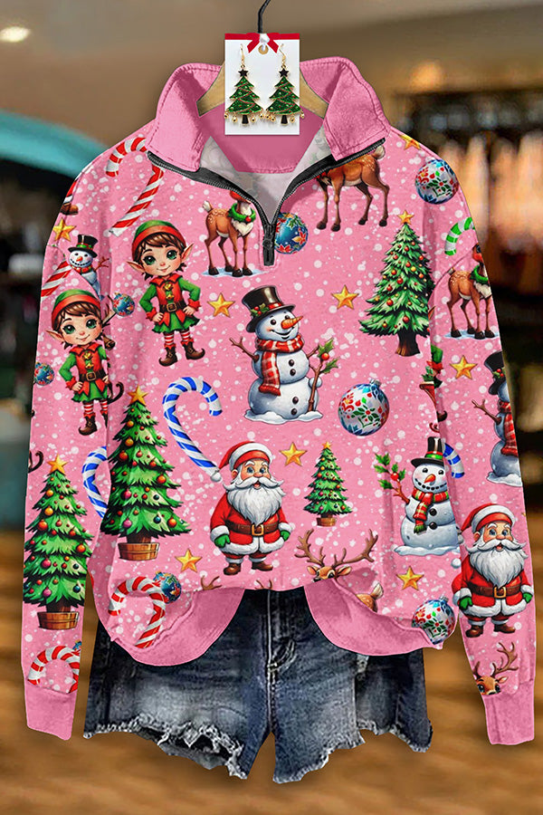 Retro Christmas Snowman Christmas Tree Print Zipper Sweatshirt