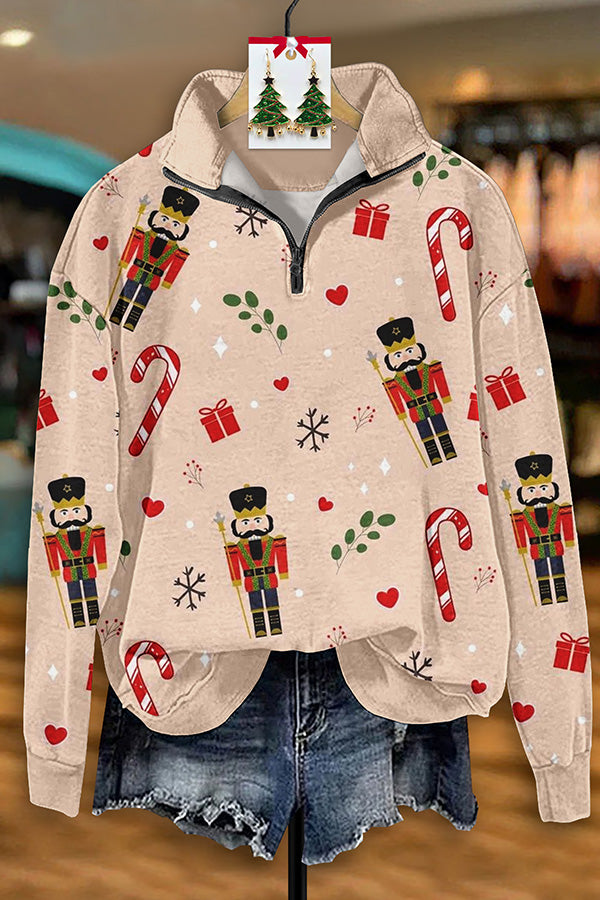 Vintage Christmas Nutcracker Print Zip-Up Sweatshirt