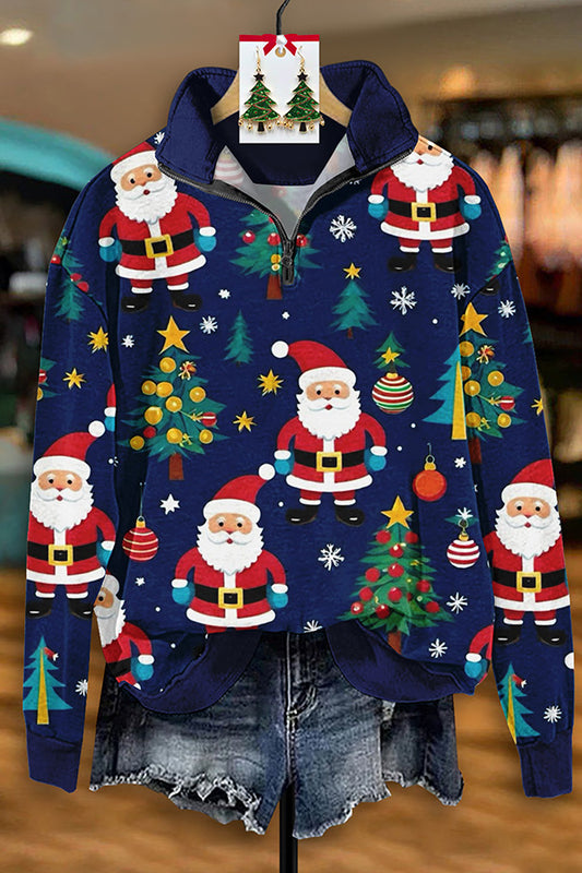 Beautiful Santa Claus Print Zip-Up Sweatshirt