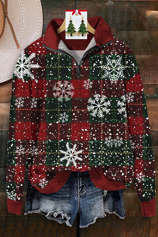 Beautiful Christmas Snowflake Plaid Print Zip-Up Sweatshirt