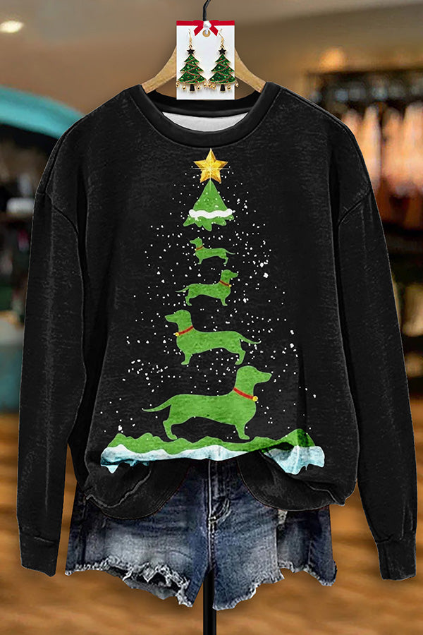 Pretty Dog Christmas Tree Print Sweatshirt