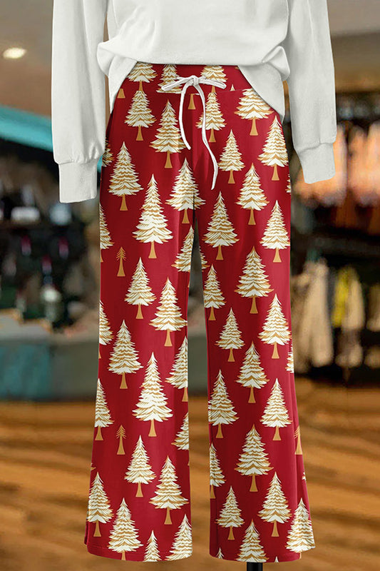 Vintage Christmas Tree Print Wide Leg Trousers