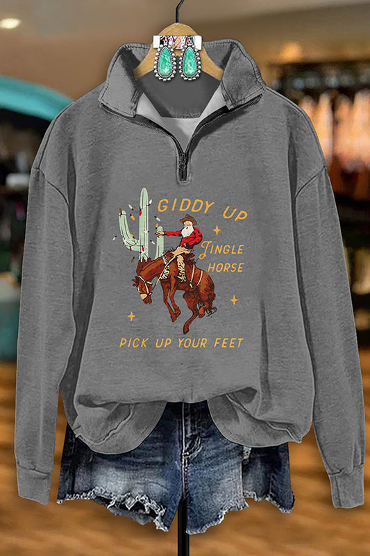 Retro Western Cowboy Santa Claus Print Zip-Up Sweatshirt