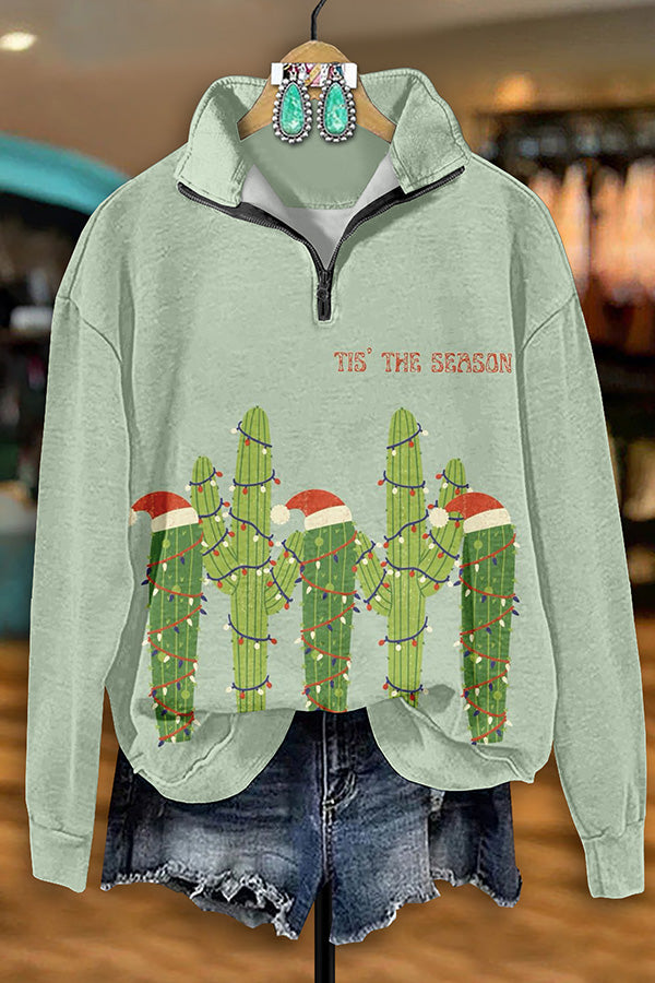 Retro Western Christmas Cactus Print Zip-Up Sweatshirt