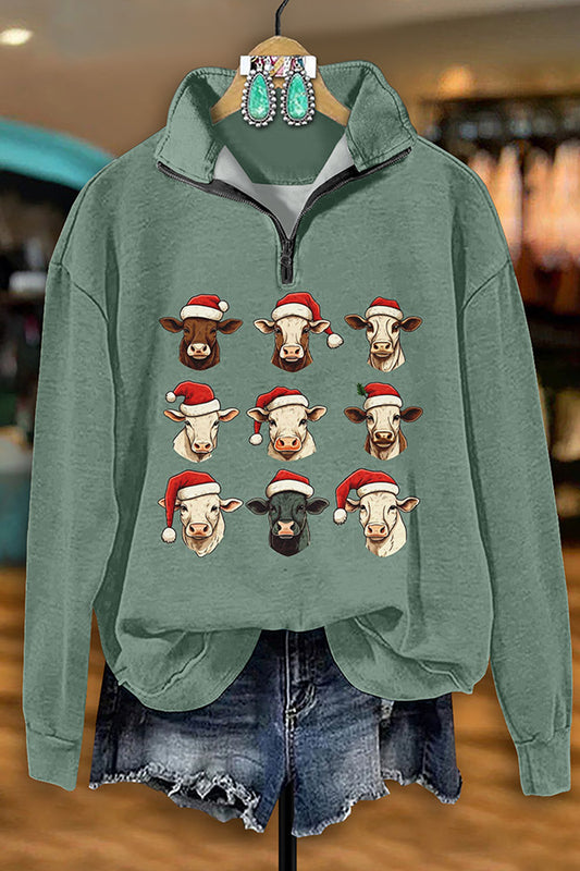 Retro Western Christmas Bull Head Print Zip-Up Sweatshirt