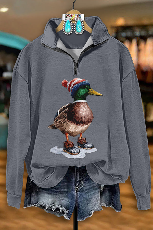 Retro Western Duck Print Zip-Up Sweatshirt