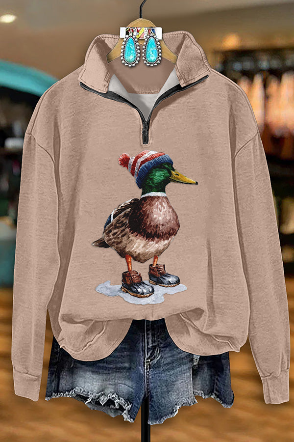 Retro Western Duck Print Zip-Up Sweatshirt