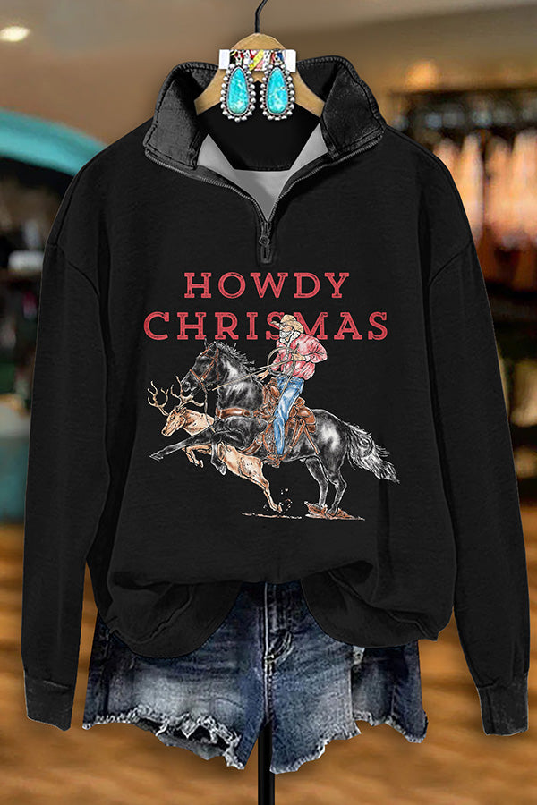 Retro Western Christmas Cowboy Print Zipper Sweatshirt