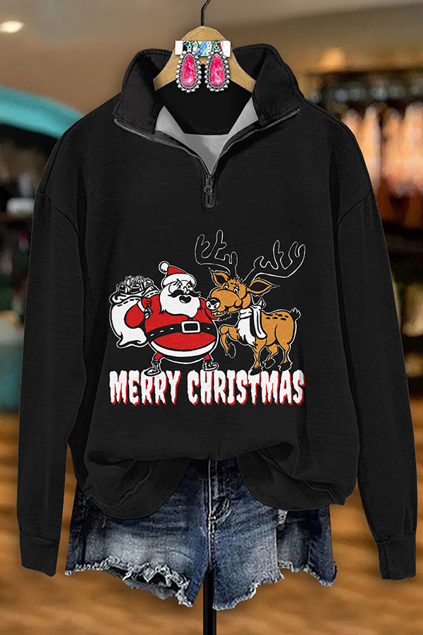 Retro Western Christmas Print Zip-Up Sweatshirt