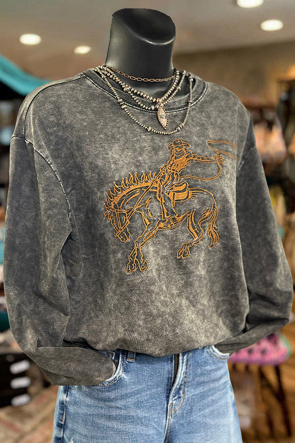 Wild West Bronc Rider Embroidered Mineral Wash Pullover