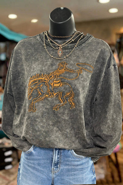 Wild West Bronc Rider Embroidered Mineral Wash Pullover