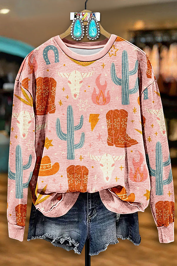 Vintage Western Boots Cactus Print Sweatshirt