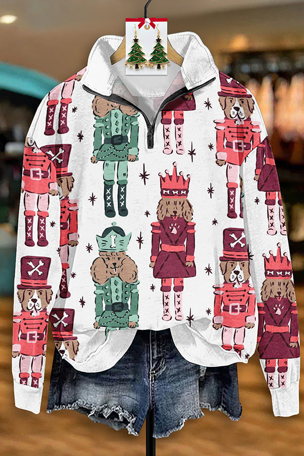 Vintage Santa Dog Nutcracker Print Zip-Up Sweatshirt