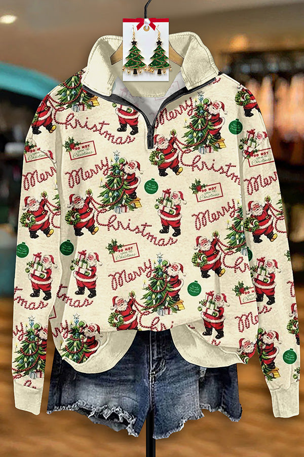 Vintage Santa Print Zip-Up Sweatshirt