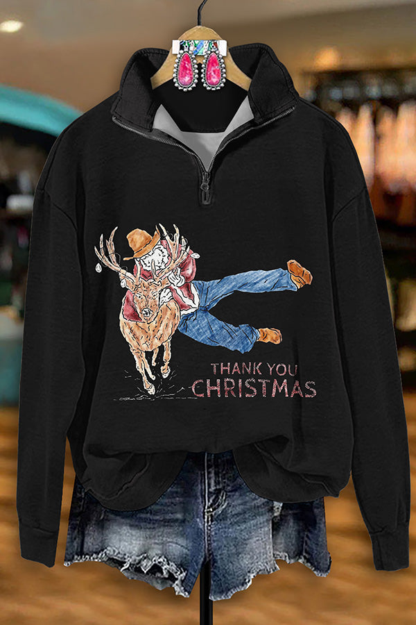 Vintage Western Santa Print Zip-Up Sweatshirt