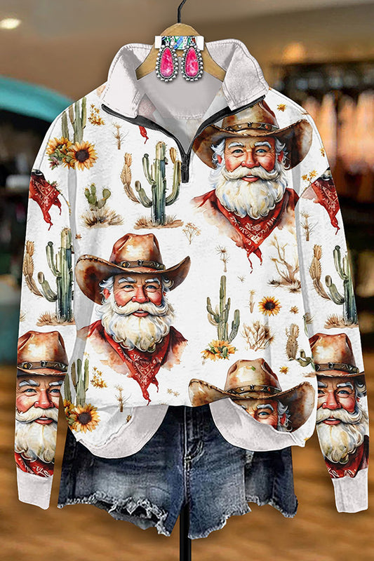 Vintage Western Cactus Cowboy Print Zipper Sweatshirt