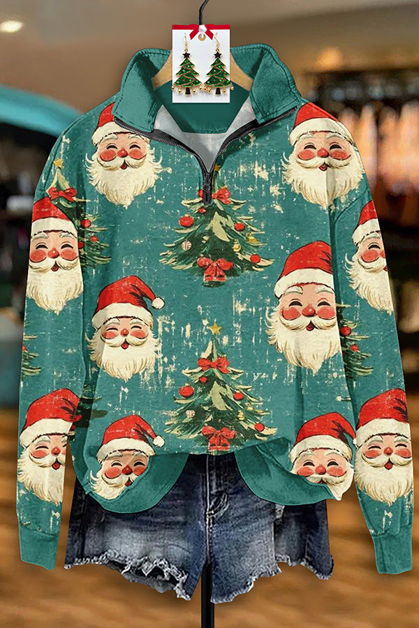 Vintage Santa Print Zip-Up Sweatshirt