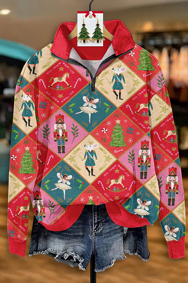 Retro Plaid Christmas Print Zipper Sweatshirt