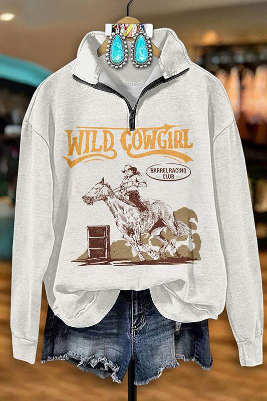 Retro Western Cowgirl Print Zipper Sweatshirt