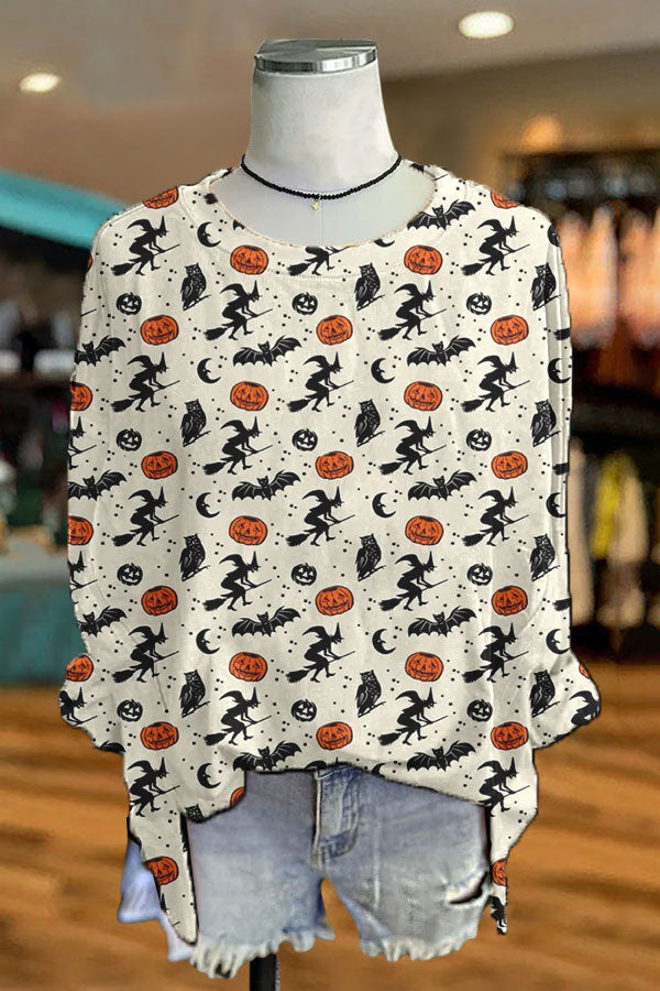 Casual Halloween Bat Witch Print Top