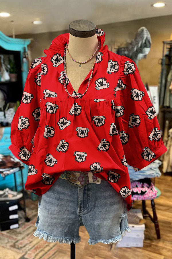 Classic Bulldog Print Puff Sleeve Top