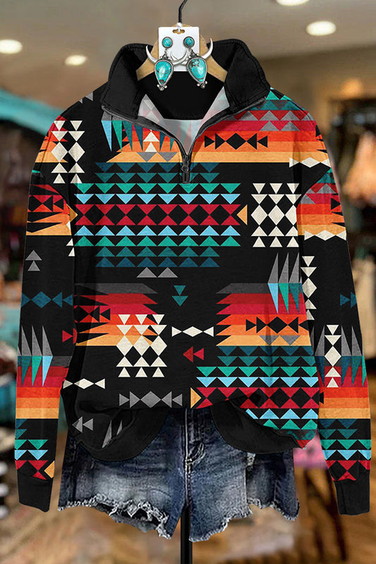 Contrast Color Aztec Zipper Sweatshirt