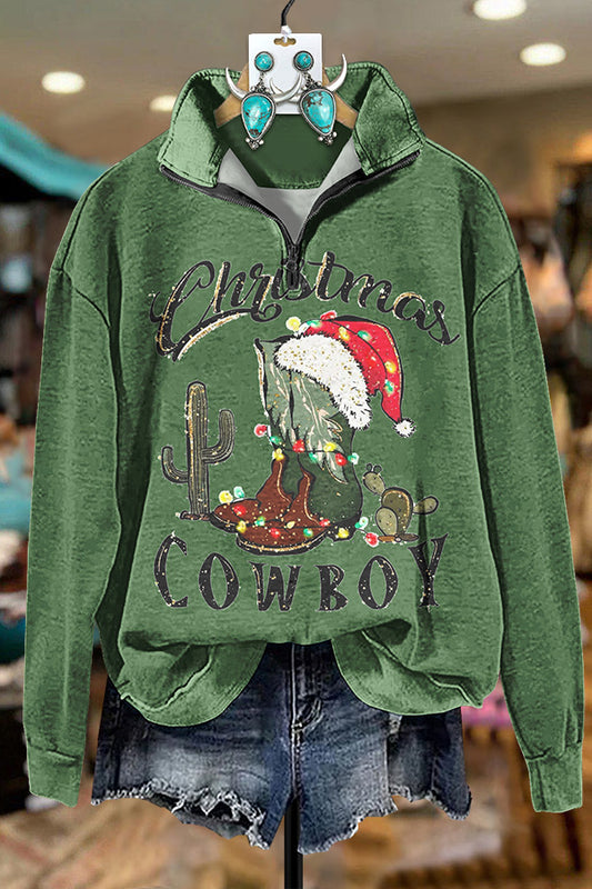 Christmas Boots Print Zipper Sweatshirt