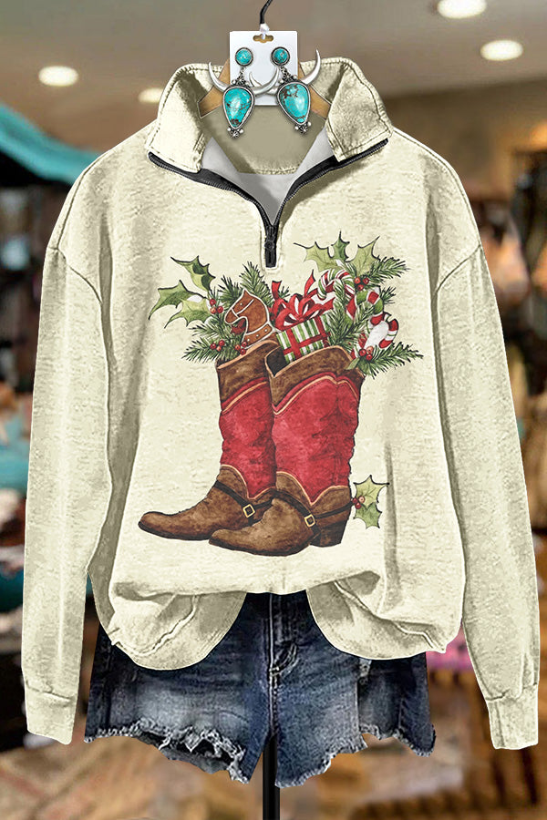 Christmas Gift Boots Printed Zipper Sweatshirt