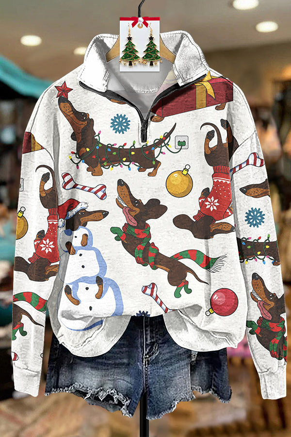 Christmas Play Dachshund Print Zip Sweater