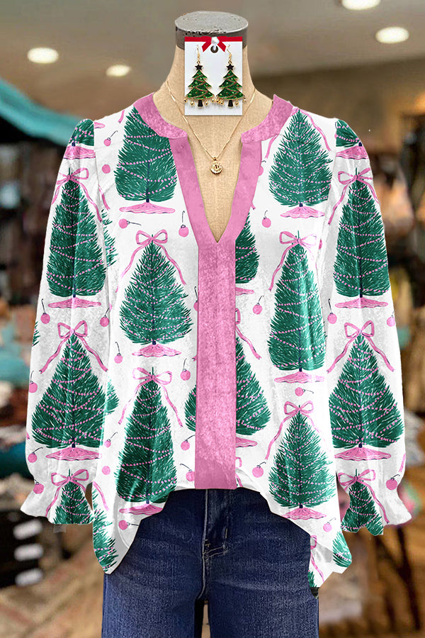 Christmas Tree Bow Print Velvet Top