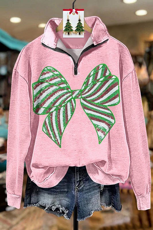 Bow Sequined Zipper Sweatshirt