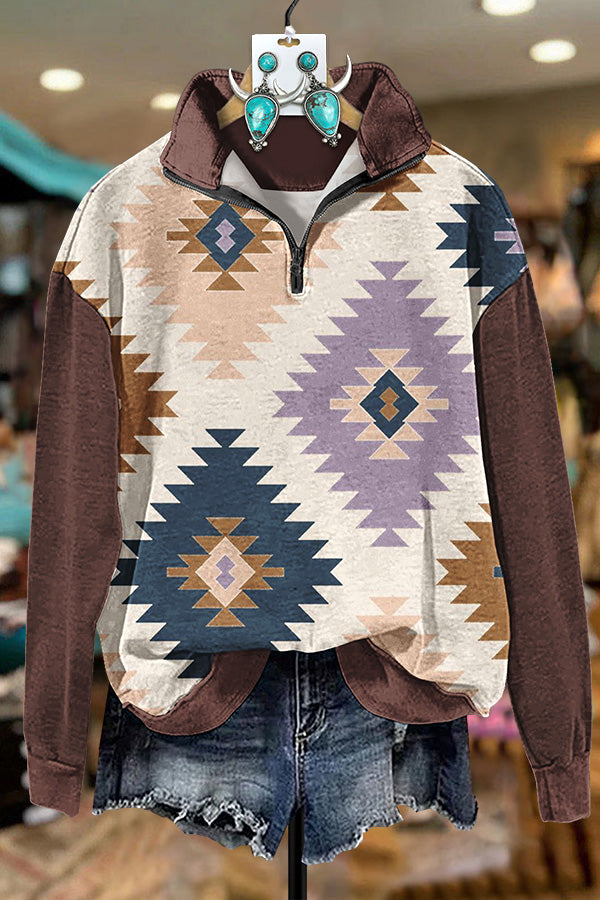 Contrast Color Aztec Printed Zipper Sweatshirt