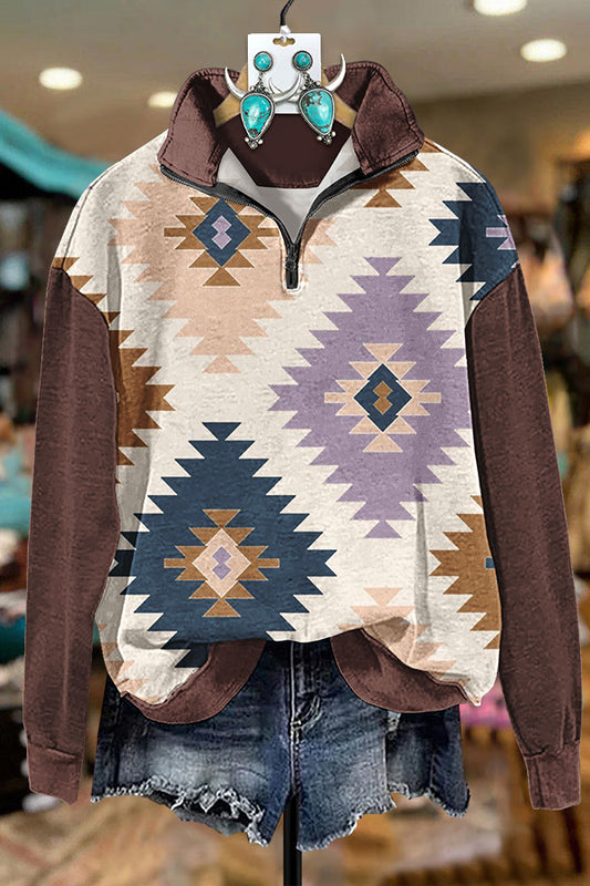 Contrast Color Aztec Printed Zipper Sweatshirt