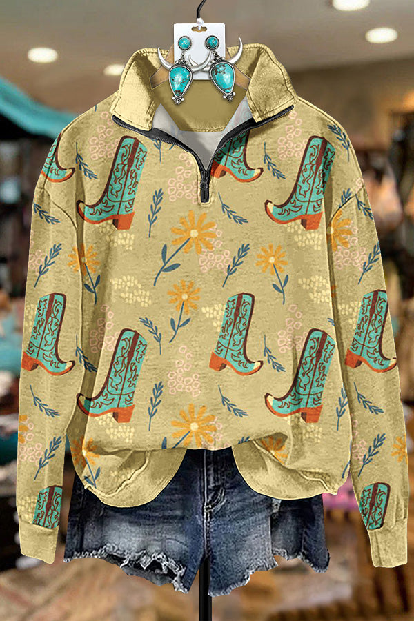 Ranch Boots Print Zipper Sweatshirt