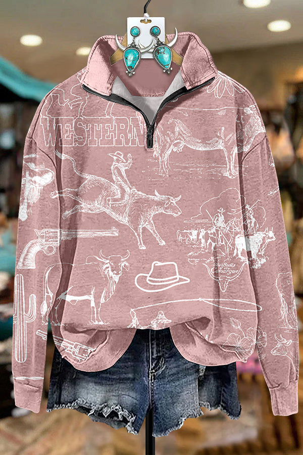 Simple Western Line Printed Zipper Sweatshirt