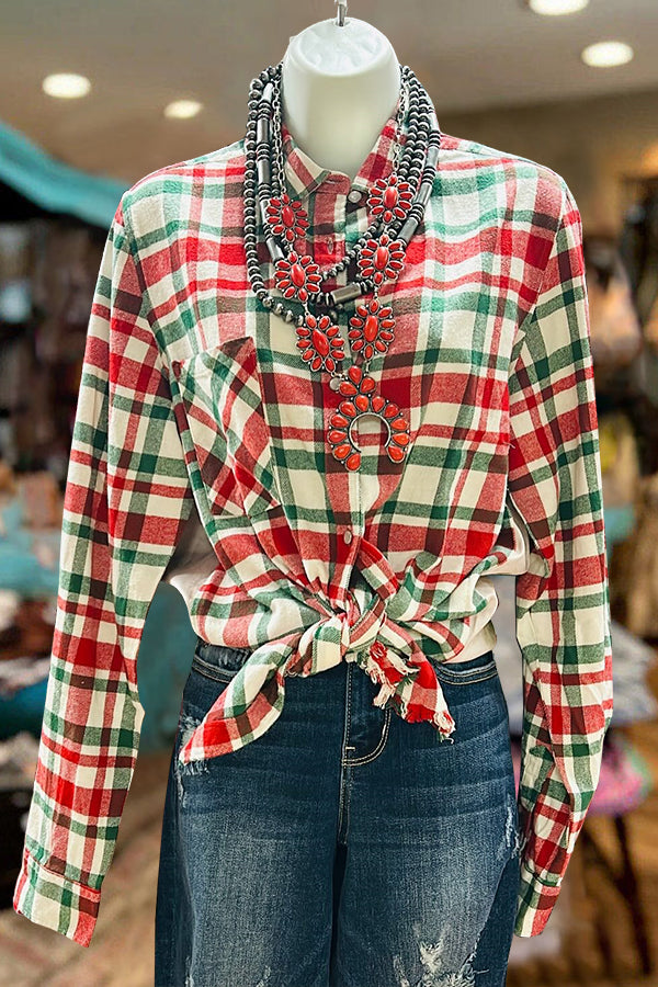 Red Green Plaid Button Down Shirt