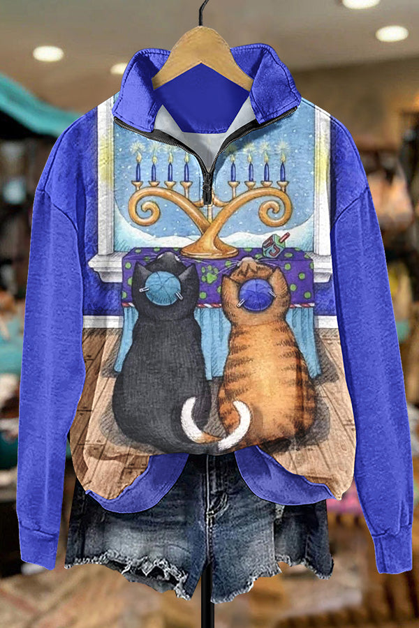 Hanukkah Cat Print Zip Up Sweatshirt