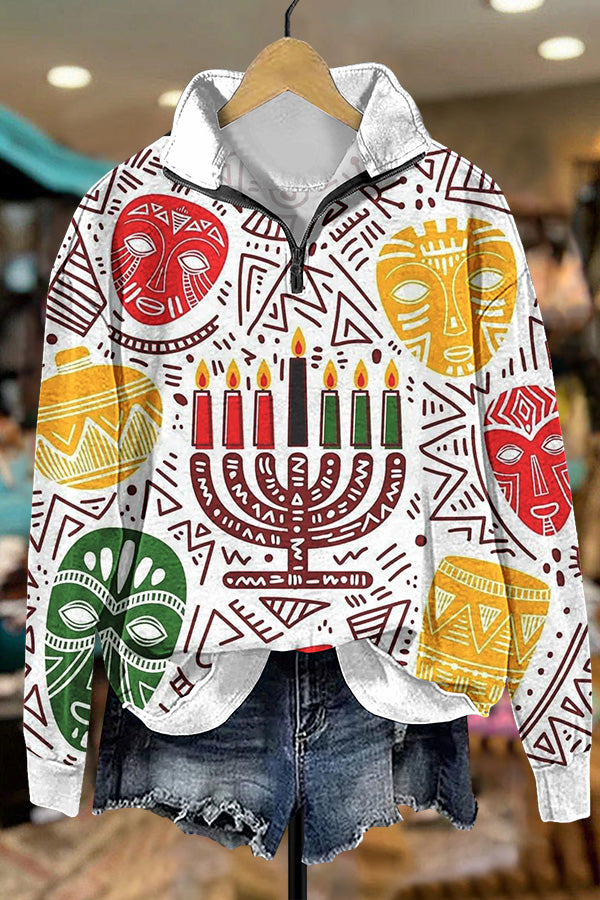 Abstract Hanukkah Print Zip Up Sweatshirt