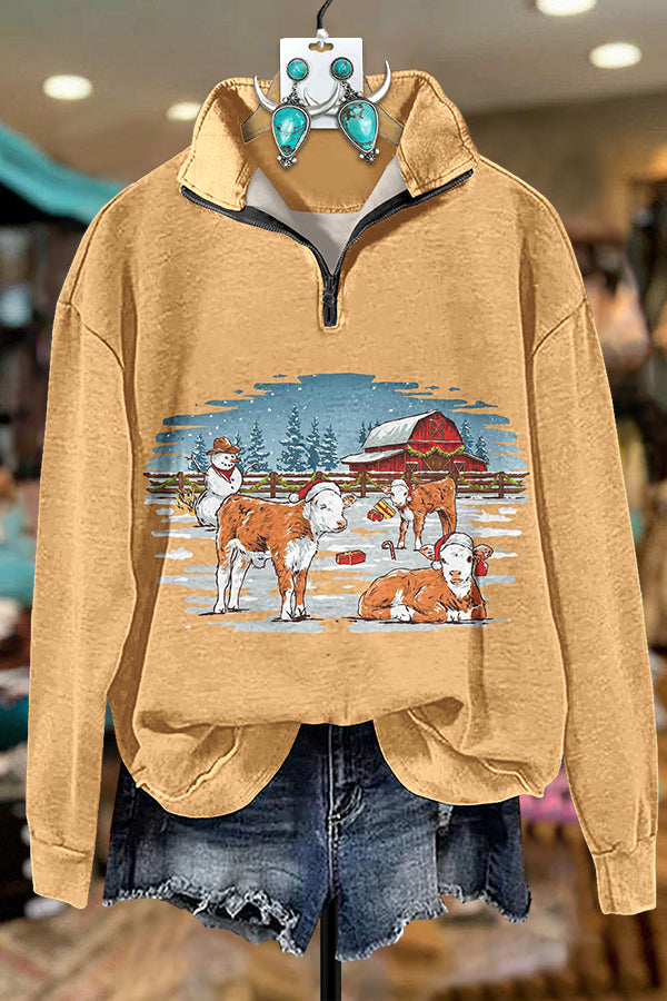 Christmas Snow Cow Zipper Sweatshirt