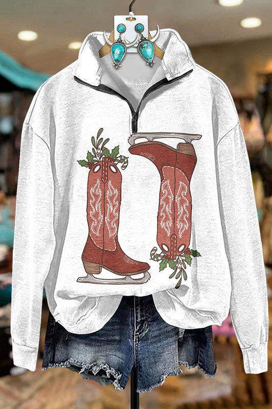 Christmas Skate Boots Printed Zipper Sweatshirt