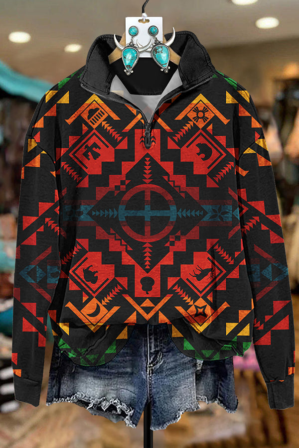 Gradient Aztec Printed Zipper Sweatshirt