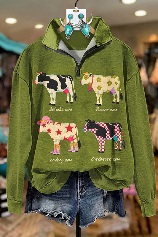 Western Cow Print Zipper Sweatshirt