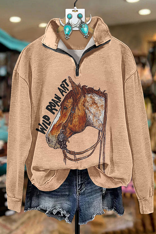 Western Horse Print Zipper Sweatshirt