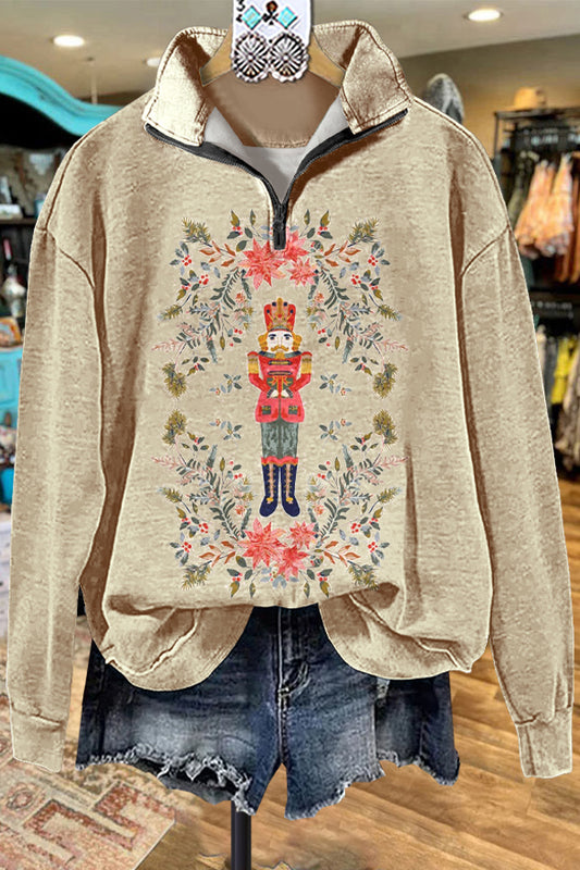 Classic Contrast Color Christmas Nutcracker Print Sweatshirt